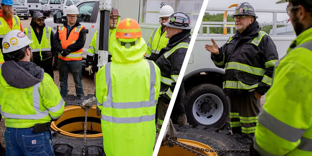 TIA Training Class. Instructor teaching class gathered around a Dump Truck Tire hooked up to a Stellar Service Crank