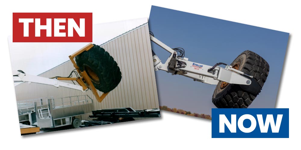 Then & Now type with vintage and current tire manipulator photos.