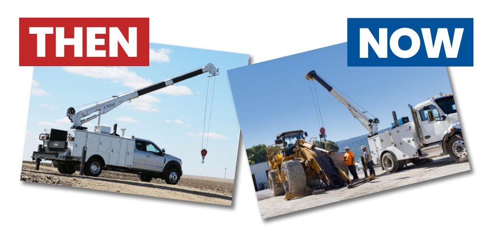 Then & Now type with vintage and current mechanic truck photos.