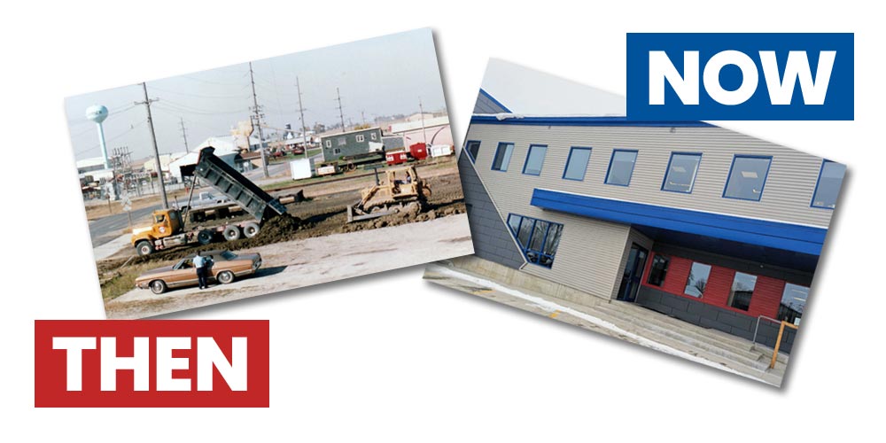 Then & Now type with vintage and current office photos.