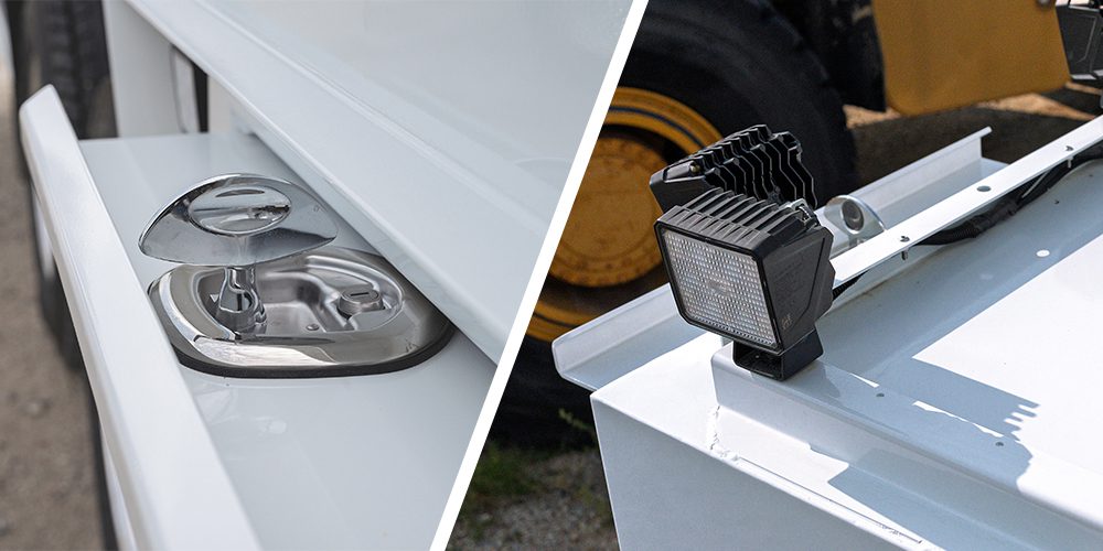 Detail image of mounting rails and stainless steel latches on a Large OTR Tire Truck.