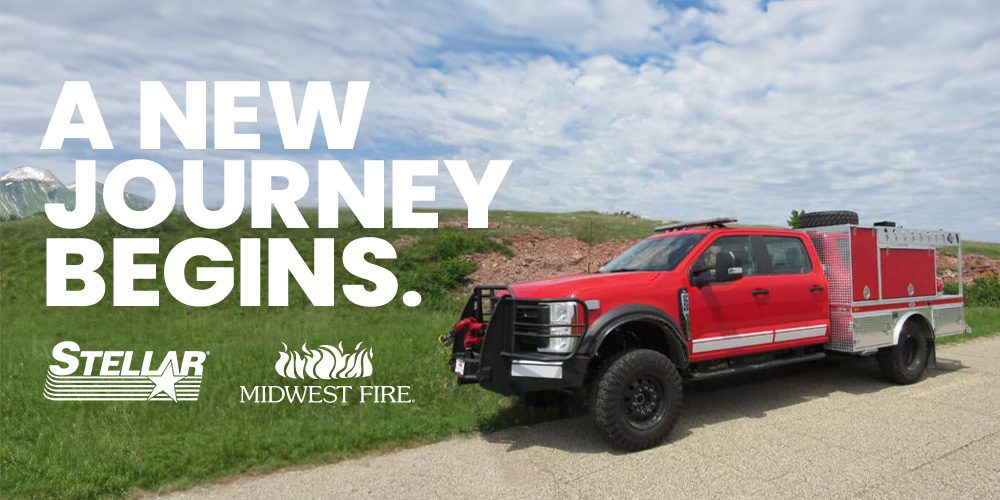 Text: A New Journey Begins. Red brush truck on a road in a park setting.