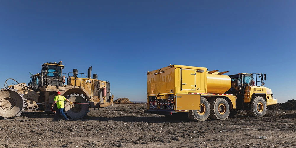Waste Innovations technician with an off-road TA fuel lube truck in a remote location servicing a large CAT equipment.