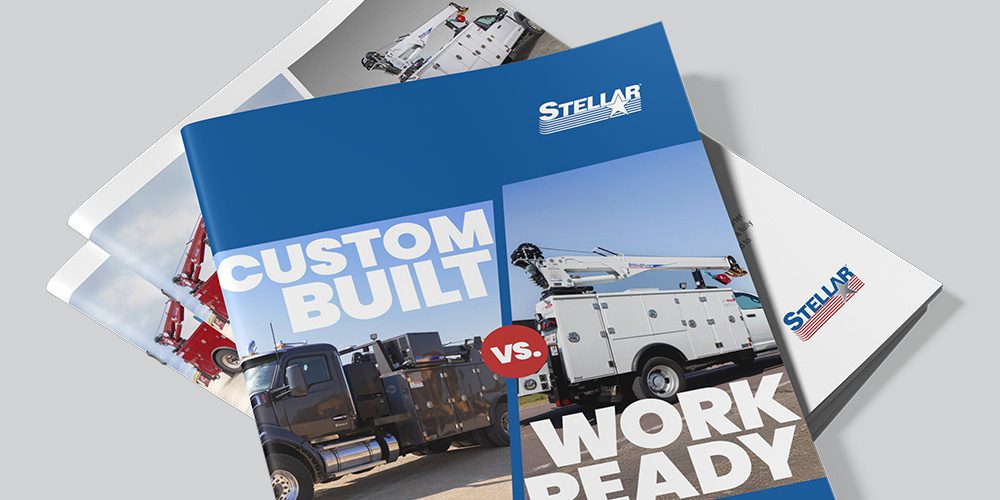 Open Stellar guide titled Custom Built vs. Work Ready displaying a side-by-side comparison table and mechanic truck photos.